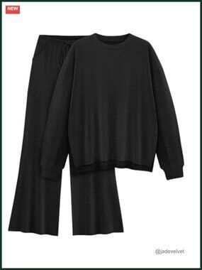 Women's Lounge Set 2 Piece Long Sleeve Wide Leg Pants With Pockets Cozy